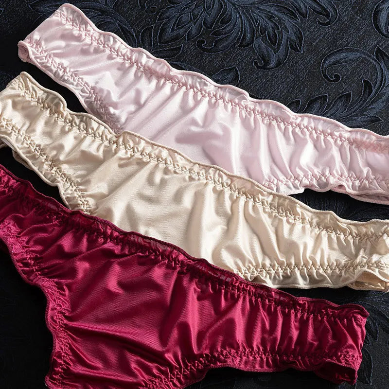 New Women's Underwear Thong Thin Seamless Panties Low Waist Ice Silk Ruffle Satin Elastic Brief Female Breathable Underpants