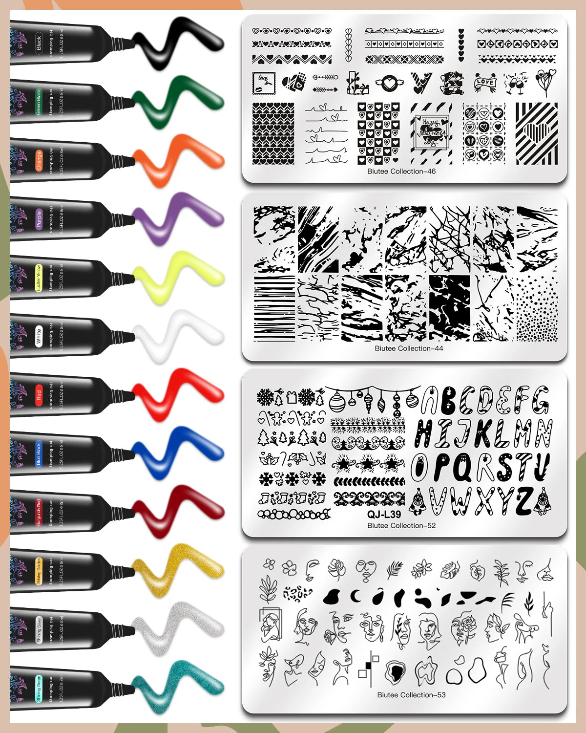 BIUTEE Nail Stamping Gel Polish Set 12 Colors Templates Stamp Print Oil UV Gel Varnish Soak Off Nail Art Kit Stamping Plate Tool