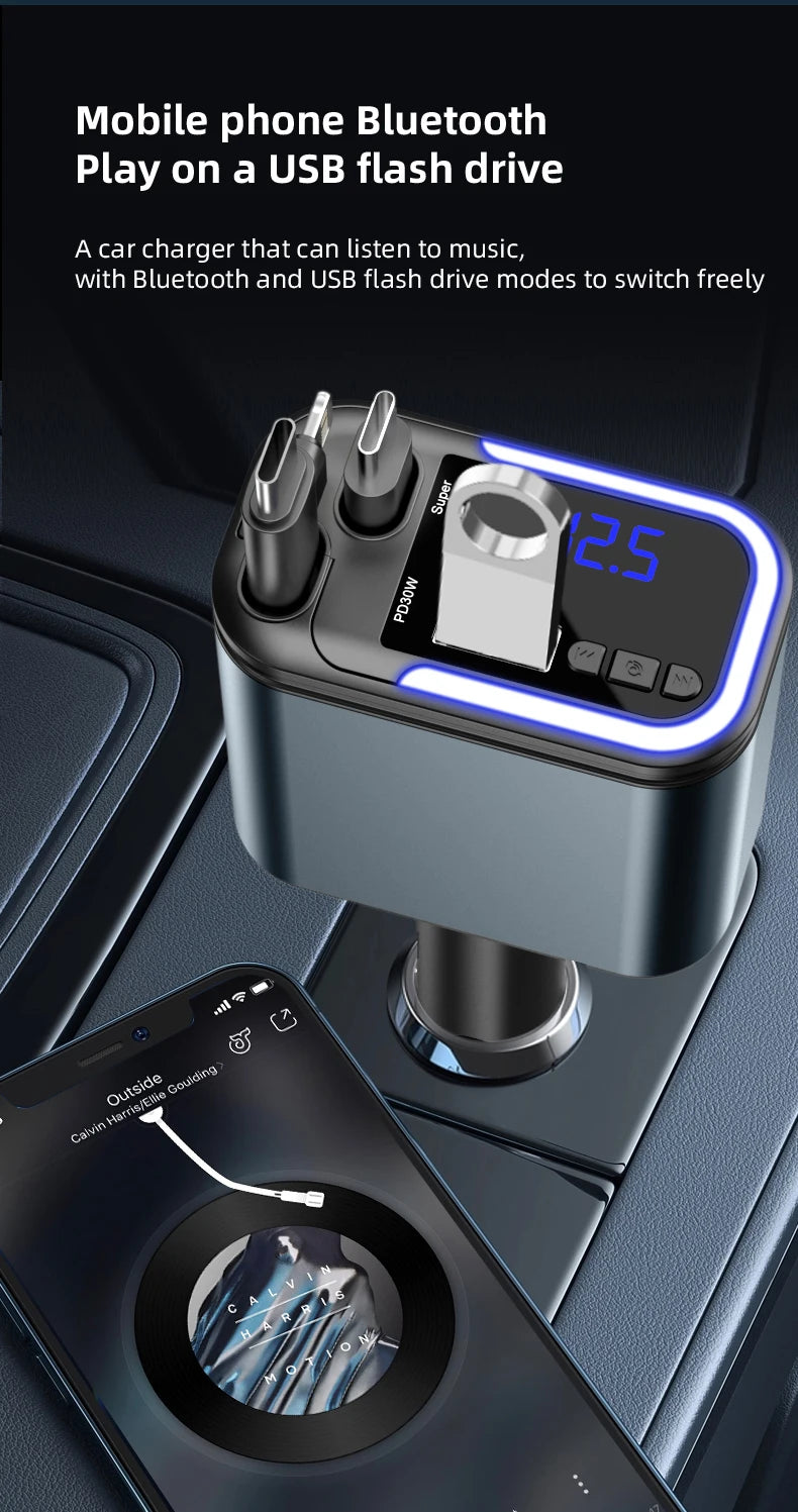 5 IN 1 180W Retractable Car Charger Bluetooth 5.0 FM Transmitter Fast Phone Charger Handsfree Call U-disk Aux with LED Light