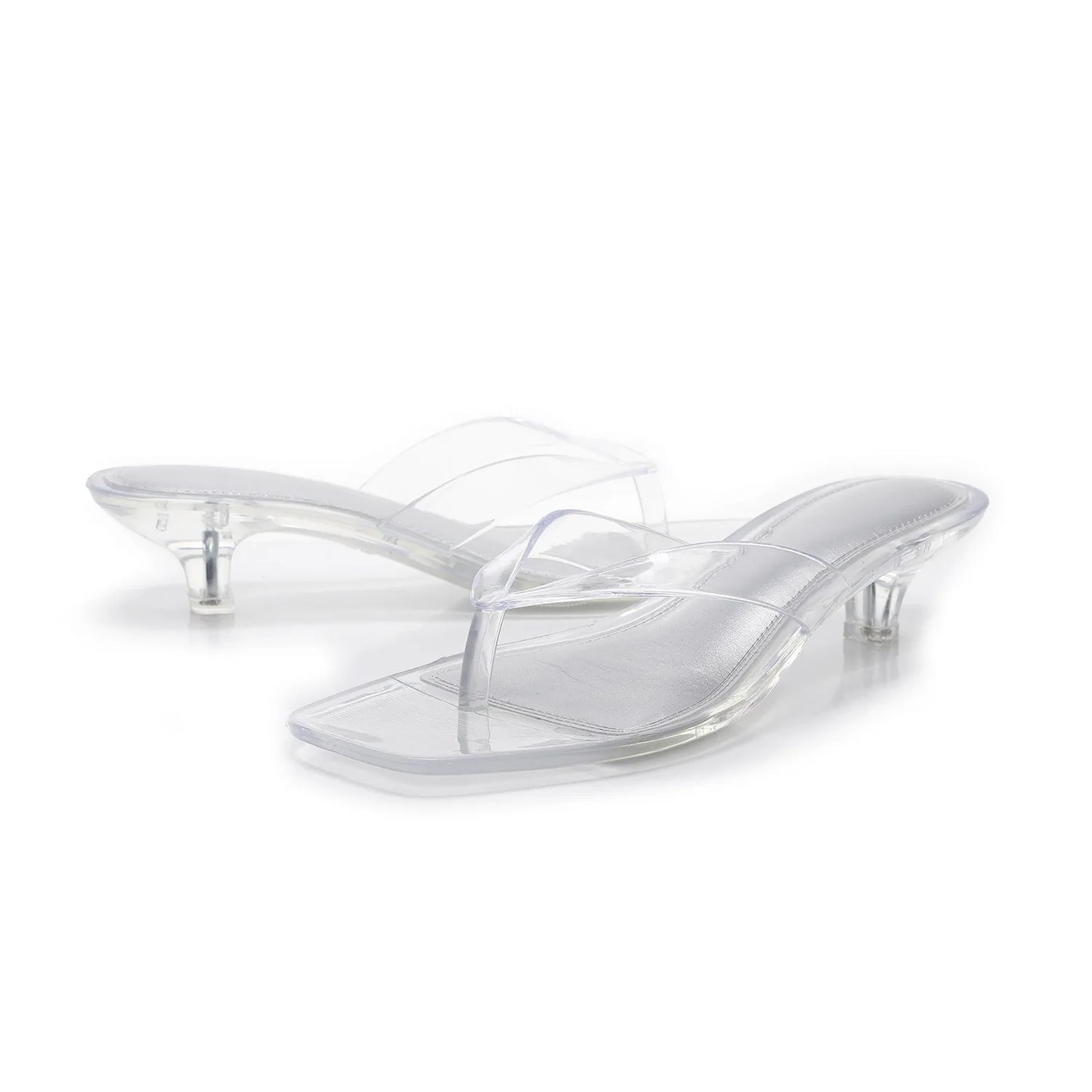 Vacation Elegant Kitten Heel Thong Sandals, Square Toe Clear Brown Jelly Flip Flops, Women Summer Comfortable Beach Party Shoes