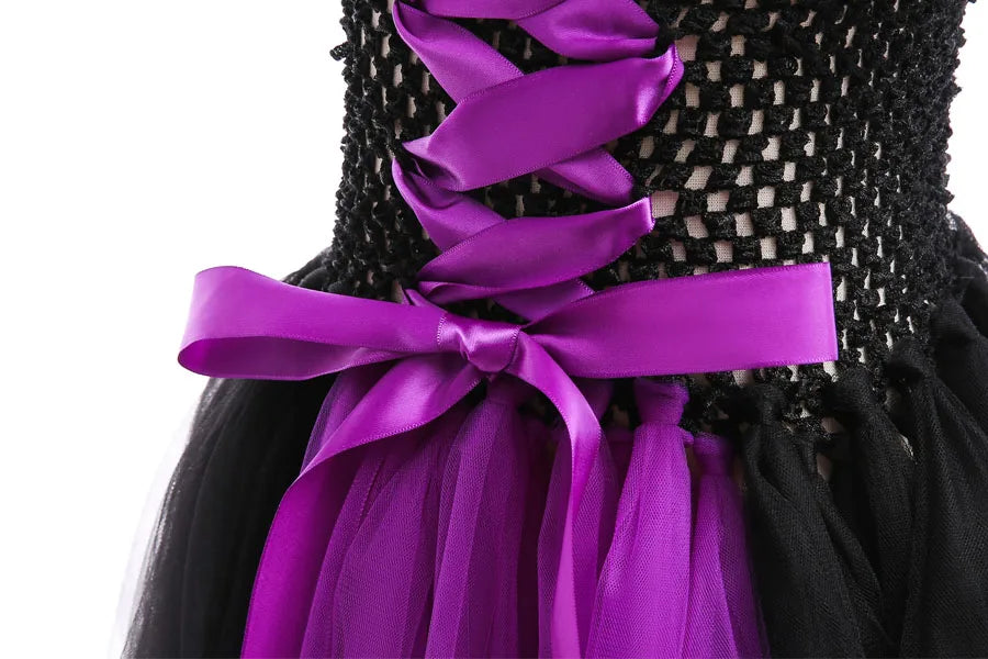 Halloween Costume For Kids Black Purple Witch Dress Luxury Lace Evil Role Playing Costume Maleficent Dress Up Outfit Tulle Dress