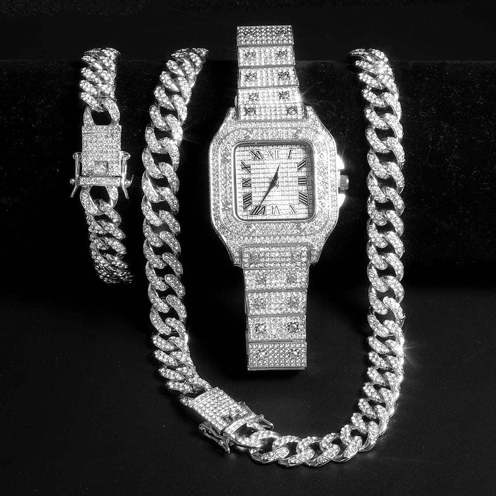 Iced Out Watch 3PCS Hip Hop Luxury Watches Jewelry Set Mens Women Watch Necklace Bracelet Bling Cuban Link Chain Choker Gift