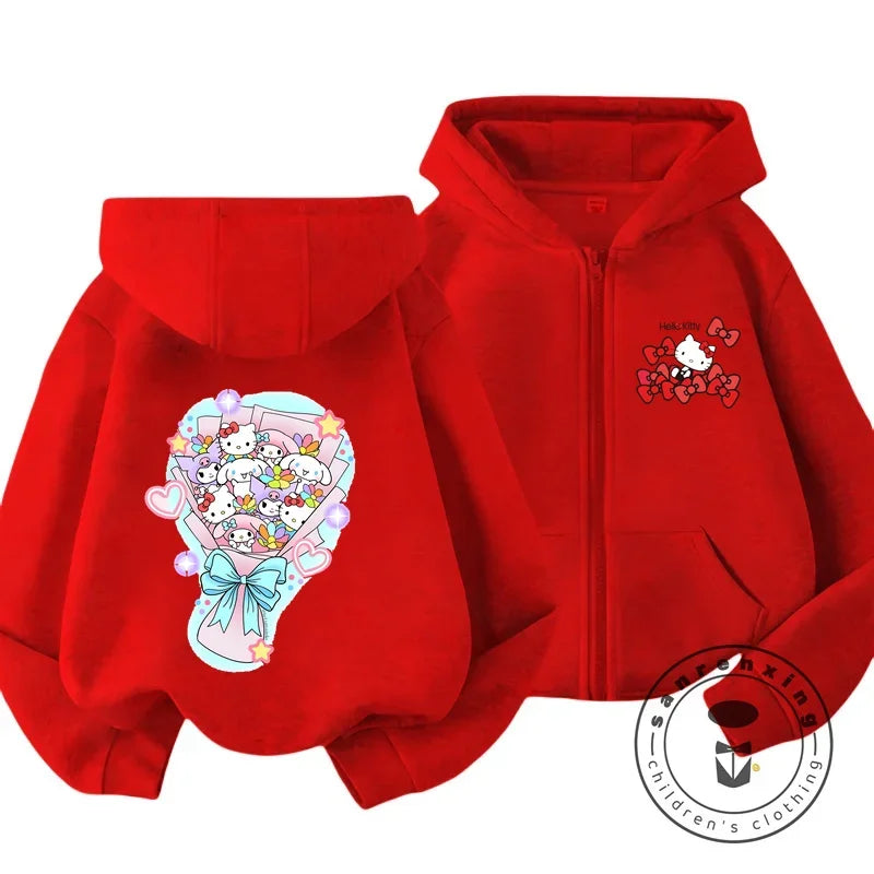 Boys Girls Hello Kitty Hoodies Long Sleeves Cartoon Sweatshirt Baby Children Clothing Autumn Zipper Cardigan Kids Street Wear