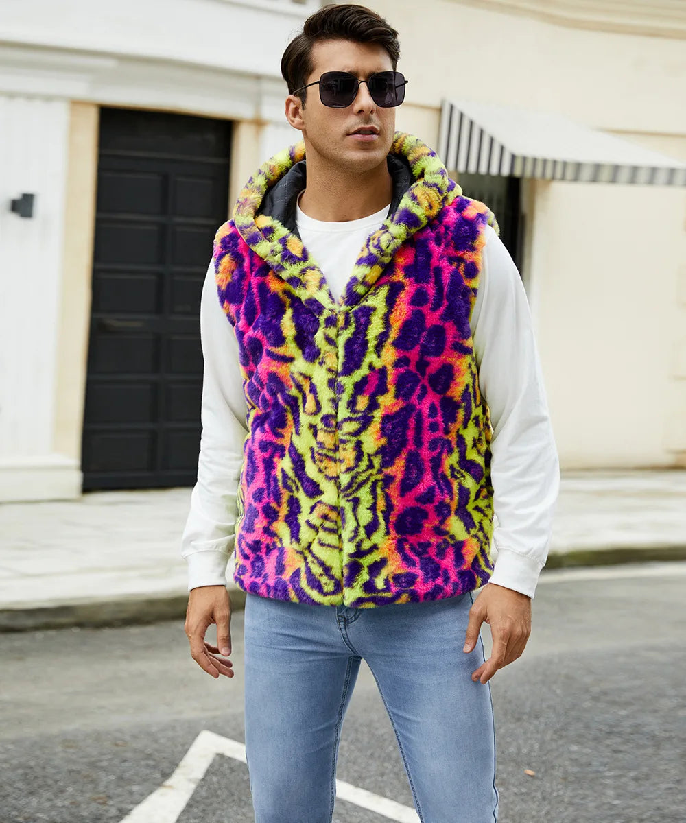 Autumn and Winter New Fashion Mens Warm Vest Imitation Fur Leopard Print Contrasting Plush Vest