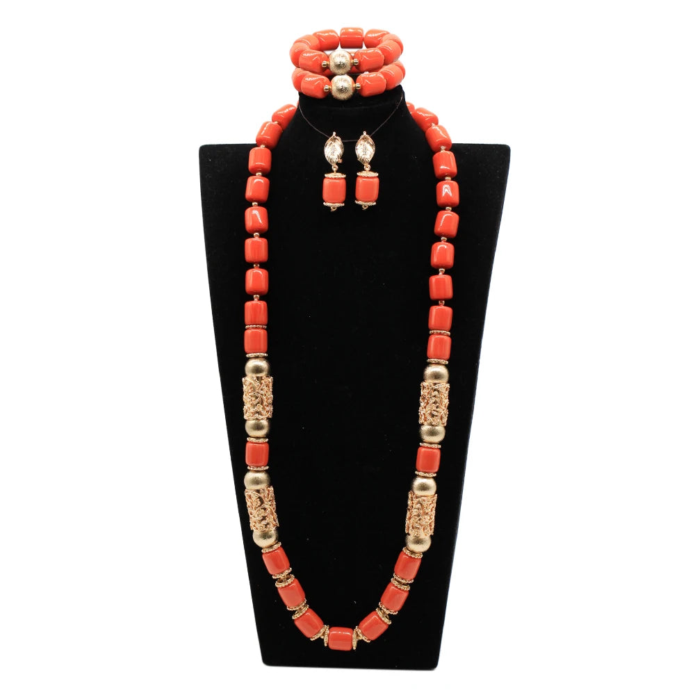 32 inches Long Orange Beads African Jewelry Set Women Bridal Party Costume Necklace Jewelry Set