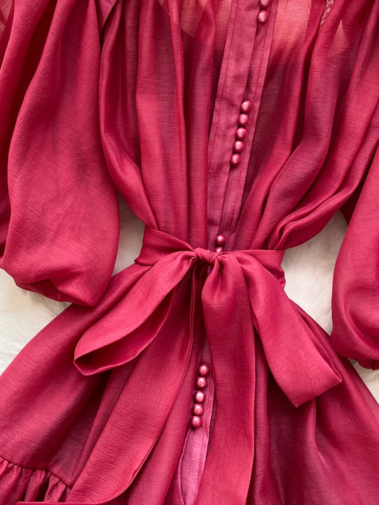 Summer Women's Puff Sleeve Shirt Dress Fashion Beach Vacation Party Birthday Blue White Exquisite Chiffon Mid Length Dress B06