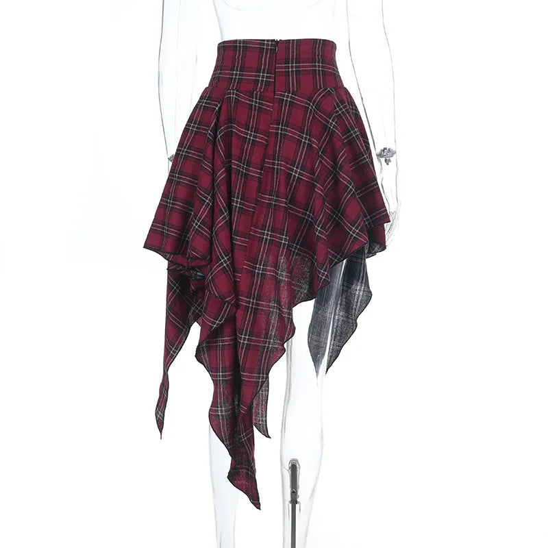 Goth Dark E-girl Streetwear Plaid Patchwork Irregular Hem Short Skirt Gothic Bottoms Y2K Punk Bandage Mini Skirts Alt Clothing