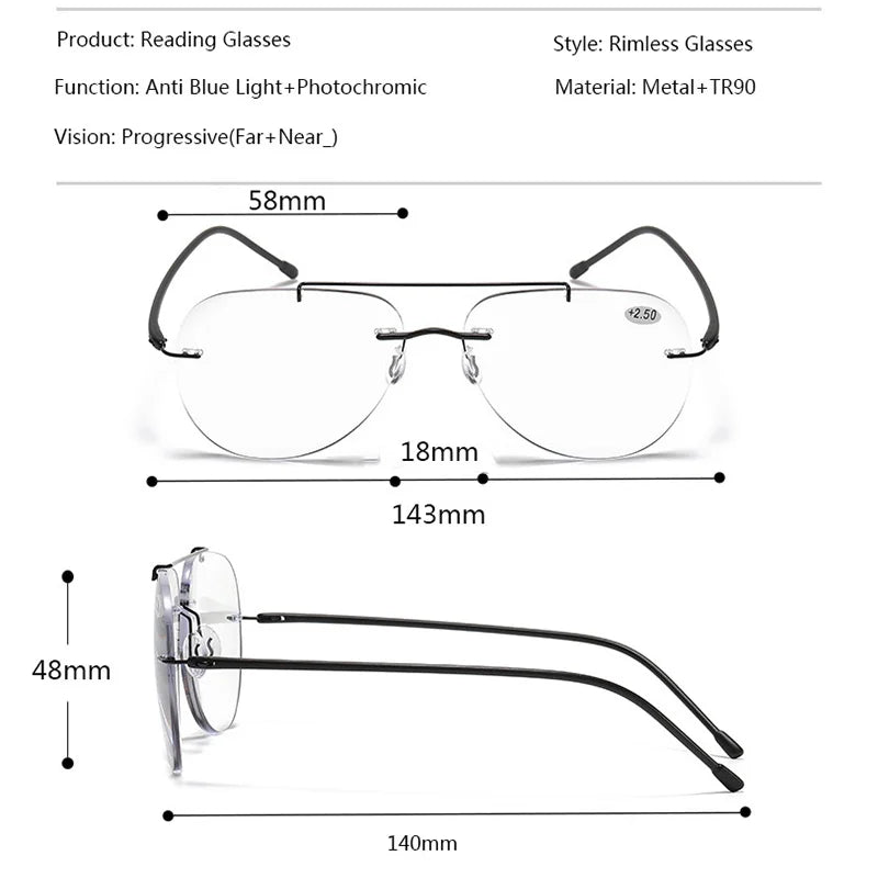 HDCRAFTER Multifocal Rimless Reading Glasses Photochromic Progressive Anti Blue Light Titanium Alloy Sun Glasses +100 to +400