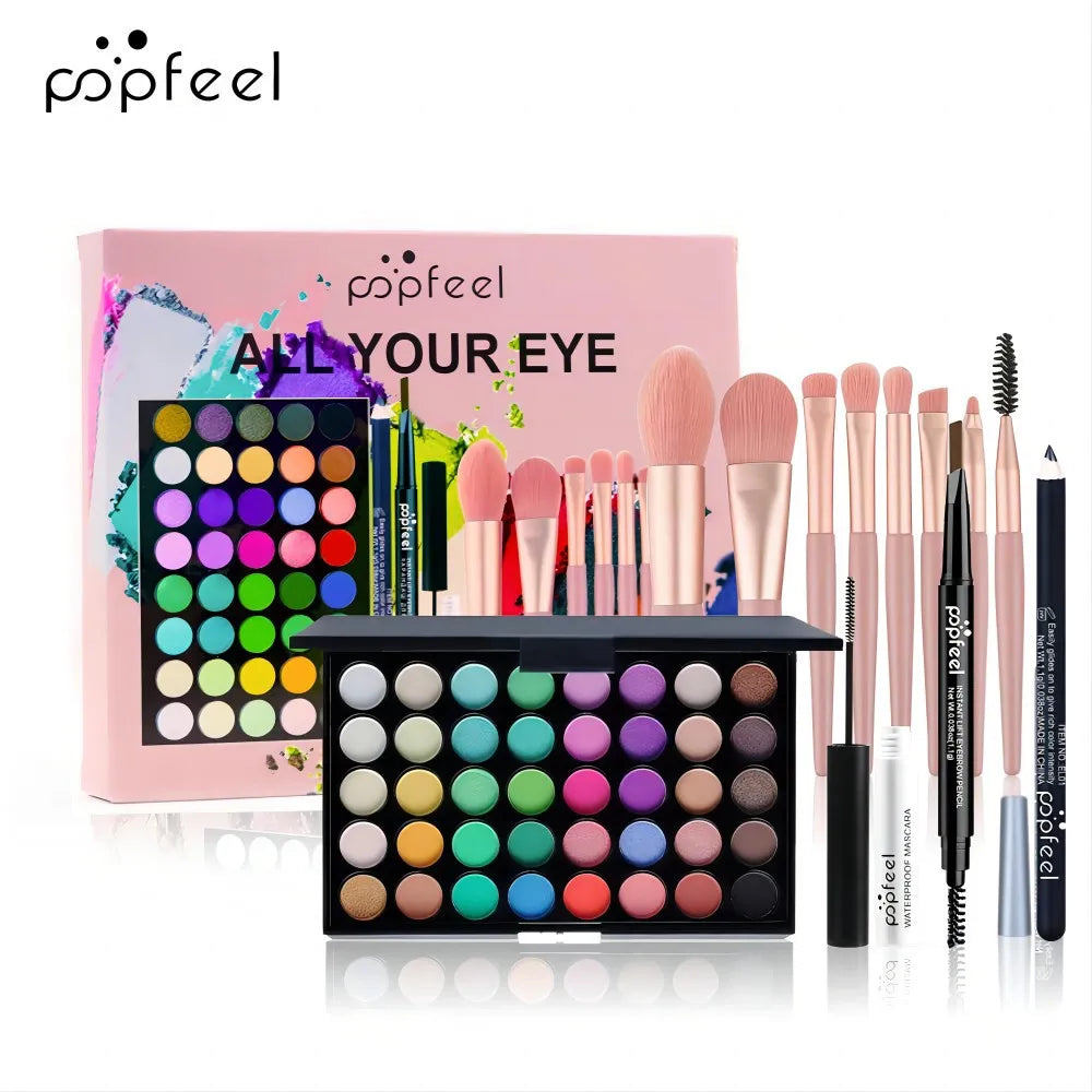 Essential Eye Makeup Set for Beginners Matte&Shimmer Eyeshadow Palette, Mascara, Eyebrow Pencil, Lip Eyeliner,Brush Tool Set Box