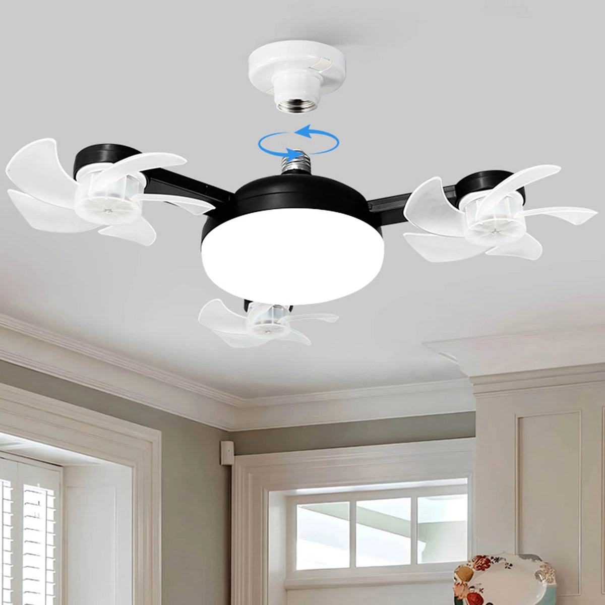 E27 Dimmable LED Socket Drone Fan Light with RC & Extension Rod 2 In 1 Hanging Fans 3-Speed for Bedroom Kitchen Working Space