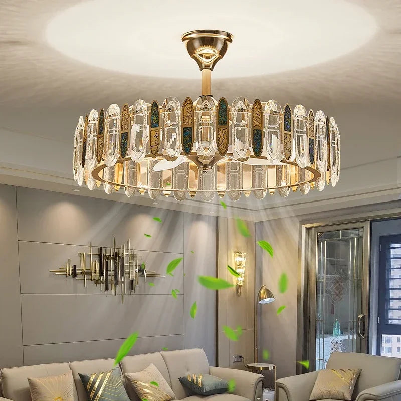 Crystal Ceiling Fan Lamp Modern Living Room Dining Room Remote Integrated Ceiling Fan Light Home Bedroom Study Silent Fan Lights