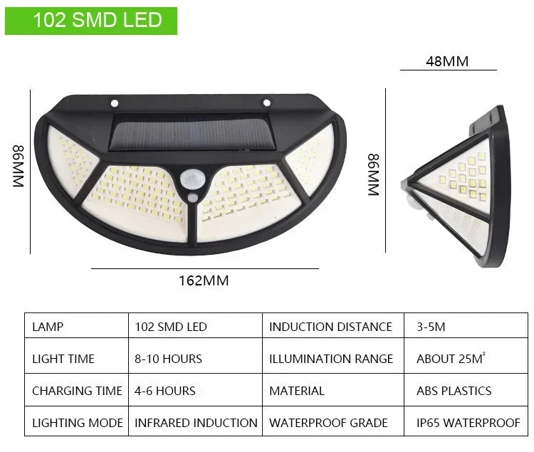 Ultra Bright 102 LED Solar Garden Light PIR Motion Sensor Outdoor Security Wall Lamp 1200mAh 18650 Rechargeable Street Light