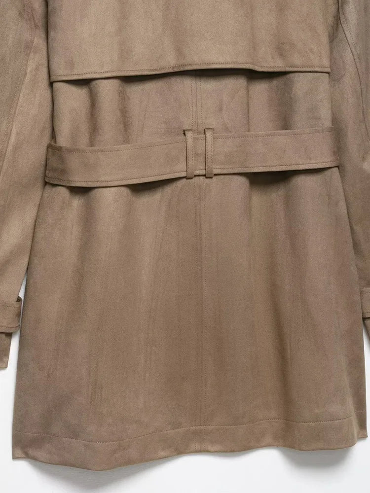 Women Fashion With Belt Faux Suede Trench Coat Long Sleeve Double-breasted Female Outerwear Chic Tops
