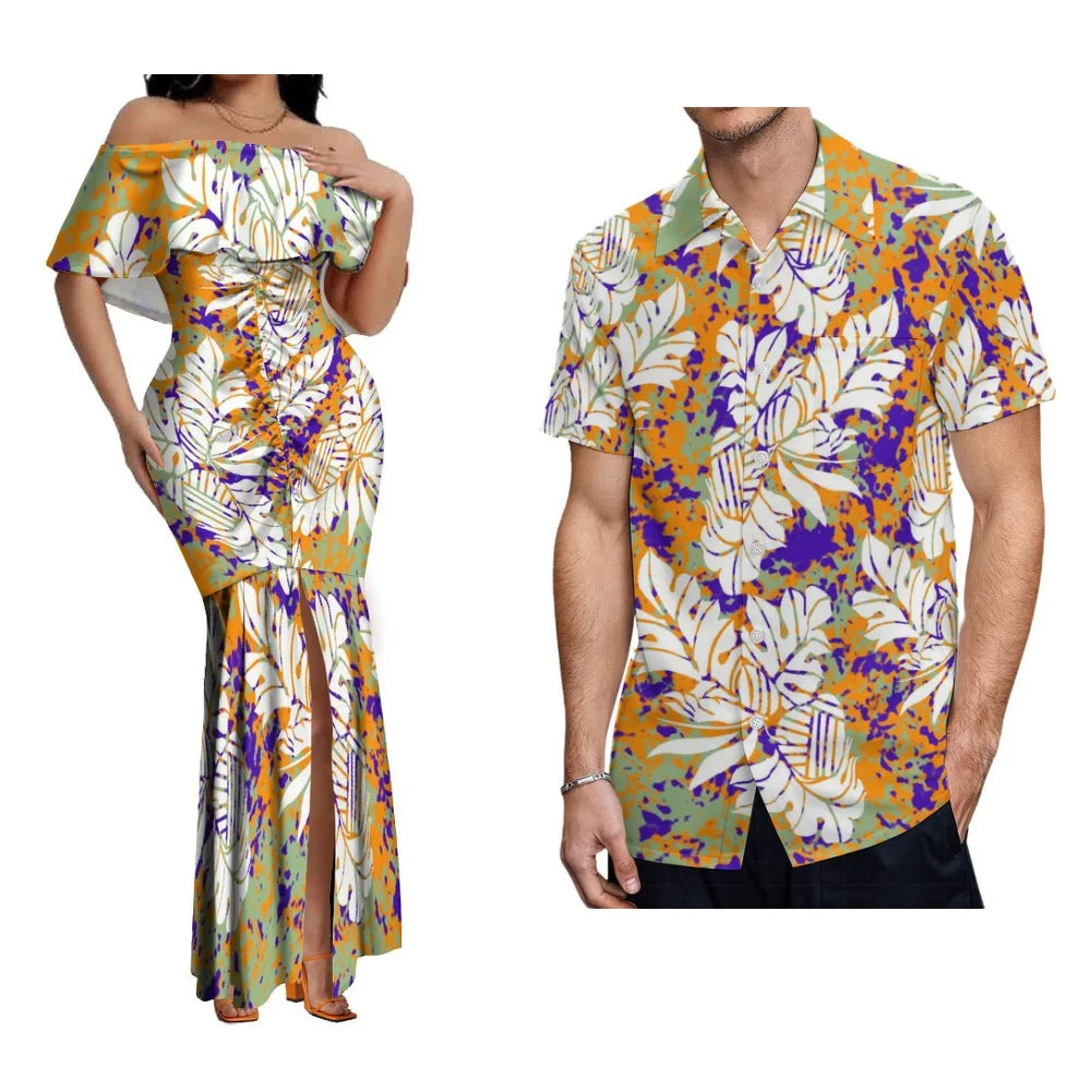 Polynesian Couple Set Custom Women'S One-Line Shoulder Lotus Skirt Men'S Short-Sleeved Shirt Banquet High-Quality Dress