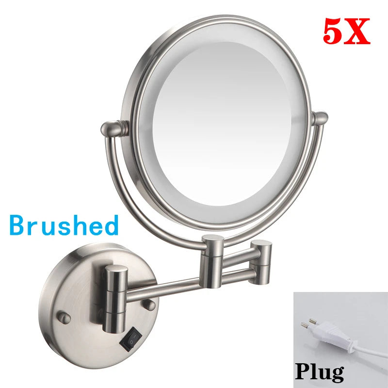 Brushed Gold LED Makeup Mirror with Brass Folding Bathroom Mirrors of 8 Inch 3X 5X Maynifying Makeup Mirror Dual Face LED Mirror