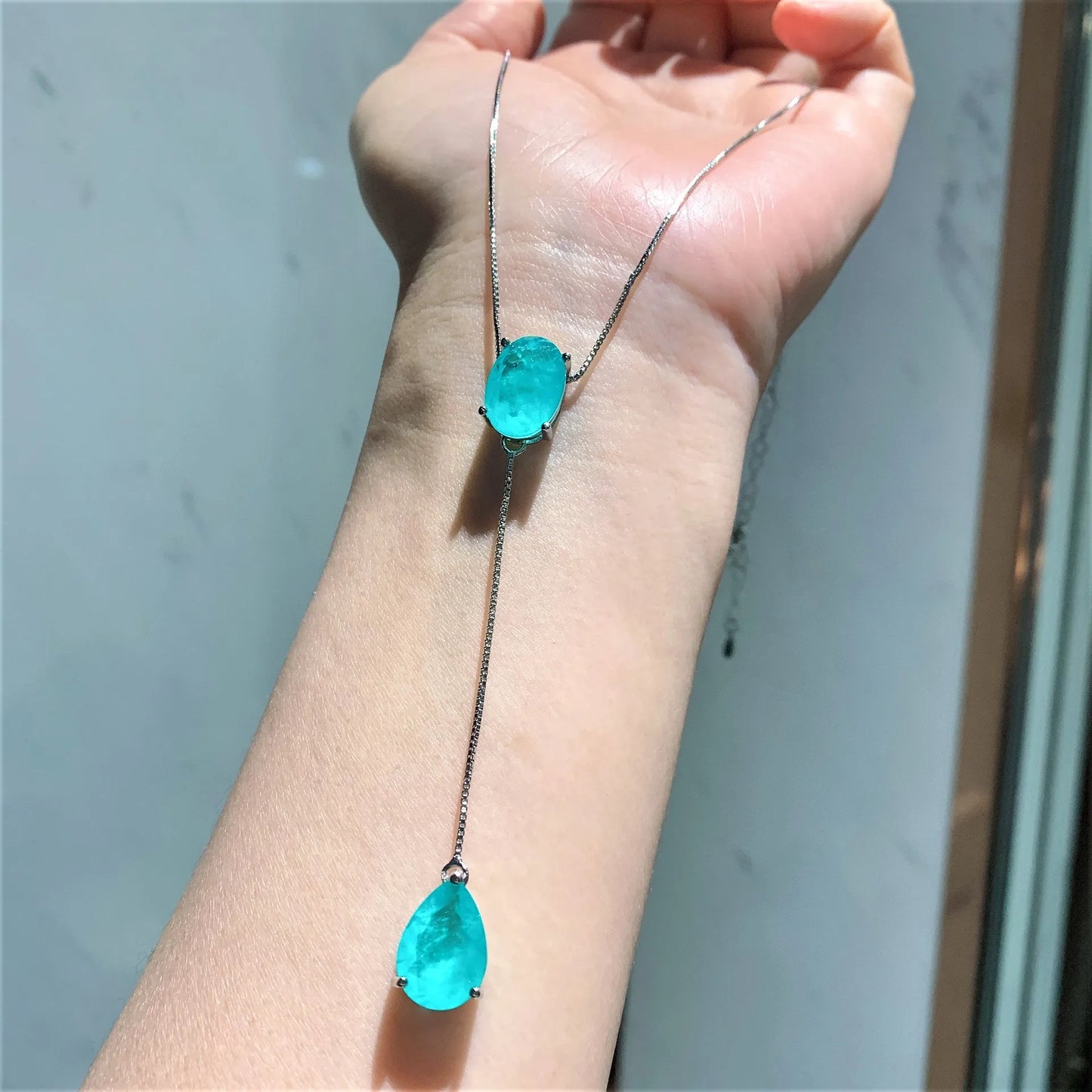 2022 Paraiba Tourmaline Gemstone Long Pendant Necklace Tassel Earrings Wedding Anniversary Fine Jewelry Set Women Birthday Gift