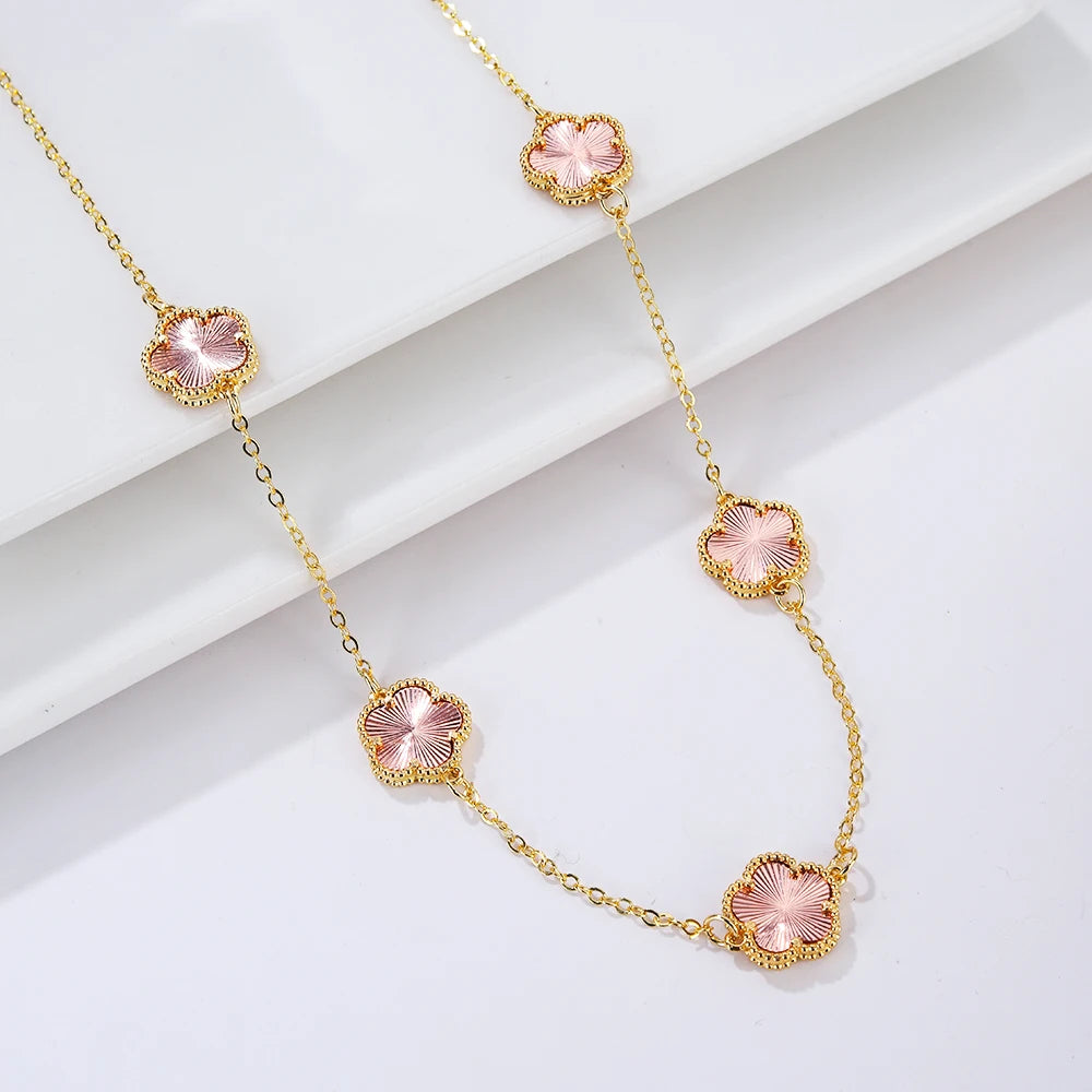 Double Sided Plum Blossom Natural Stone Hot Selling Plant Five Leaf Flower Pendant Necklace Collarbone Chain Woman Clover