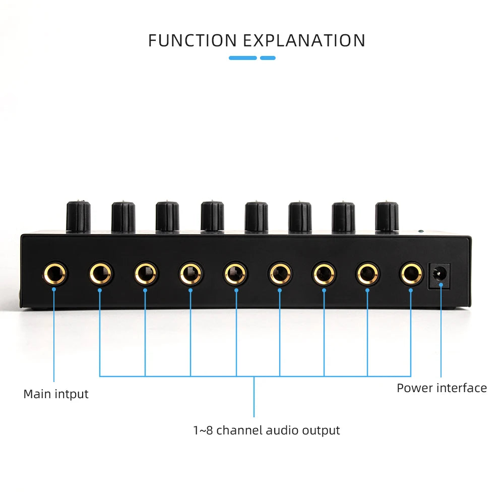 Headphone Amplifier 8 Channels Stereo Audio Amplifier AMP Ultra-Compact Portable Mini Amplifier with Rotary Button 6.35mm Jack