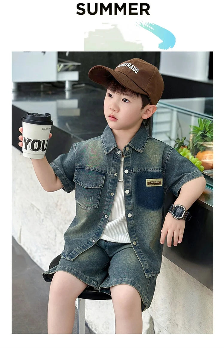 2025 Trendy Boys' Denim Set Vintage Wash Short Sleeve Shirt & Shorts 2-Piece Summer Outfit