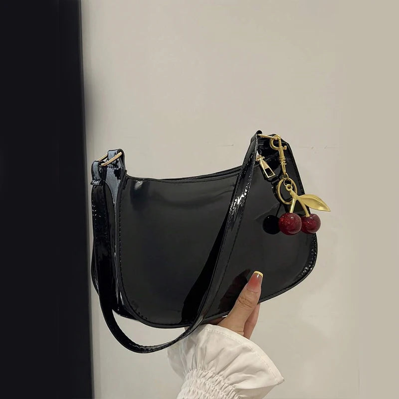 Vintage Retro Shoulder Bag for Women PU Leather Underarm Crossbody Ladies Casual Handbag Purse with Cherry Pendant