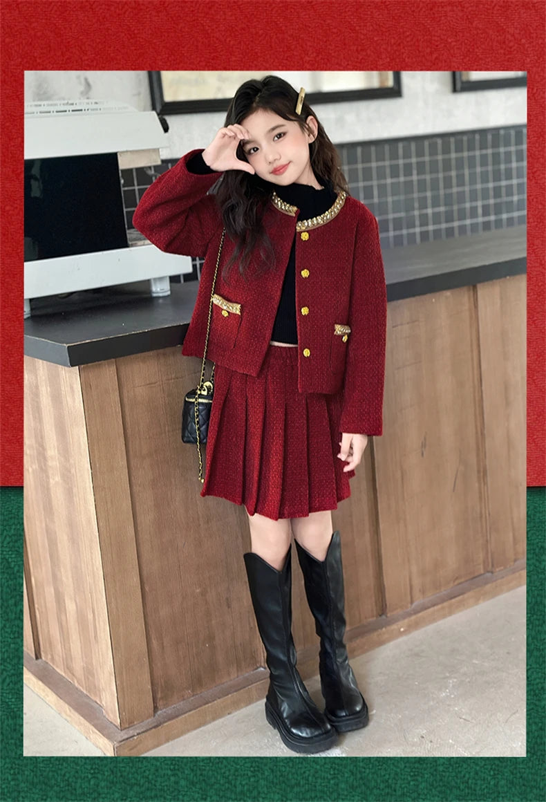 design winter teen girl clothes set beaded round neck jacket+Pleated skirt 2pcs Christma junior children outfit kids suit 4-14