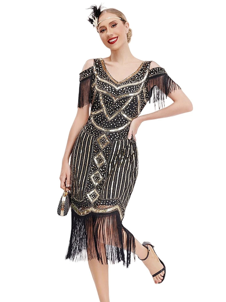 Women Fringe 1920s Flapper Dress 20s Gatsby Themed Party Dress Vintage V-neck Off Shoulder Sequin Beaded Cocktail Dress