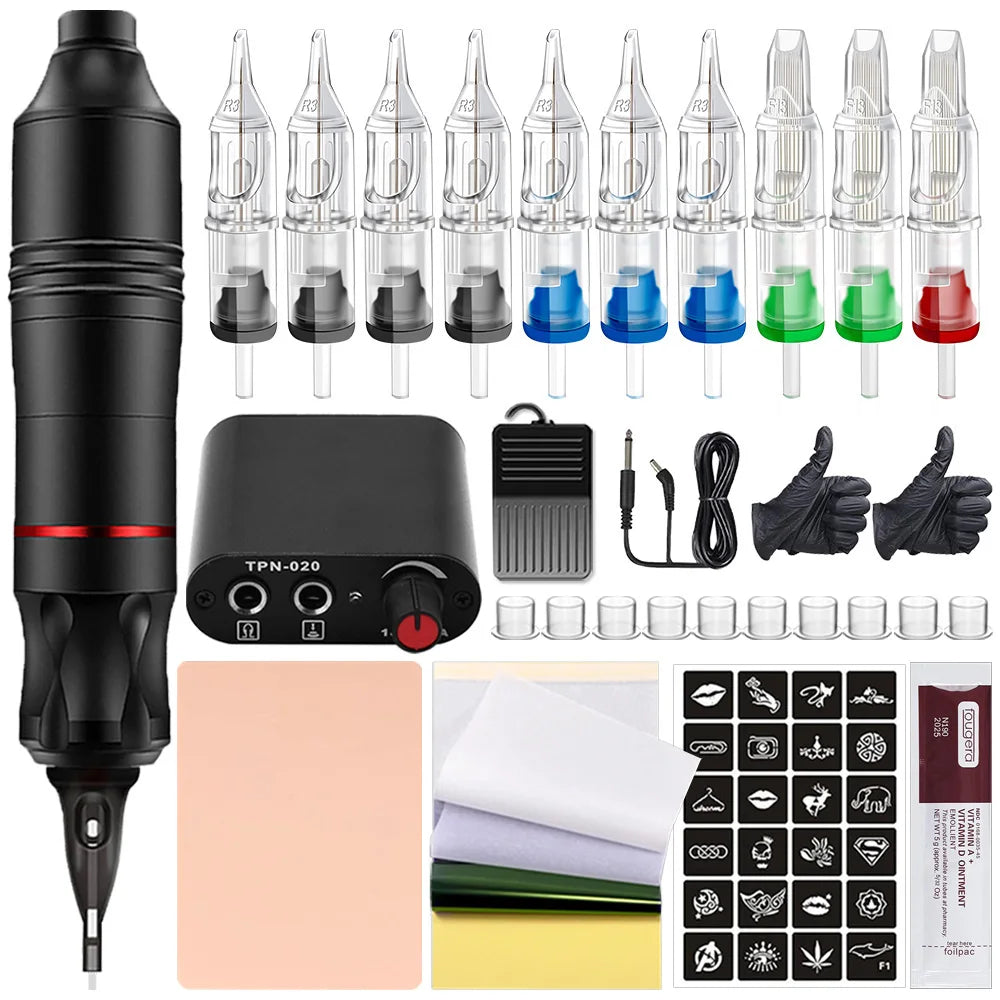 Professional Tattoo Machine Pen Kit with Cartridge Needles Power Supply Tattoo Inks Rotary Tattoo Pen Set for Beginners Body Art