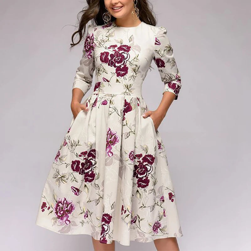2023 Spring AutumnOffice Lady Knee Length Elegant Vintage Long Sleeve Party Dresses Women Floral Printed Dress New