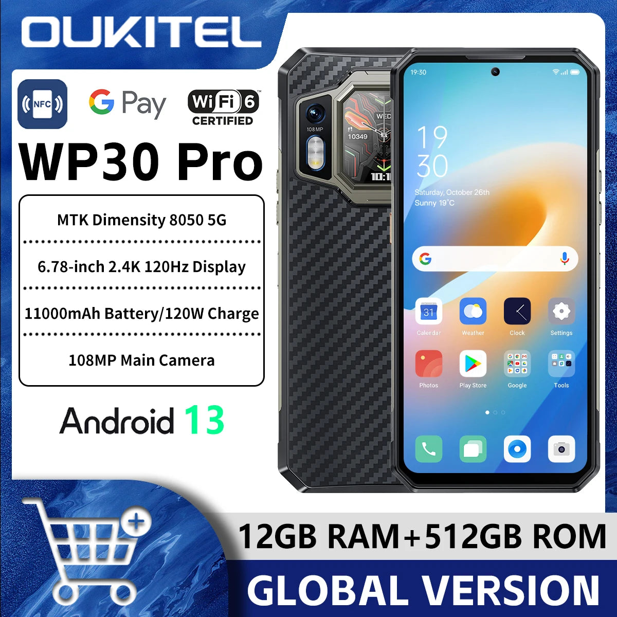 Oukitel WP30 Pro 120W 5G Rugged Smartphone android 13 12GB+512GB 11000 mAh 6.78" FHD+ Mobile Phone 108MP Cell Phone Global