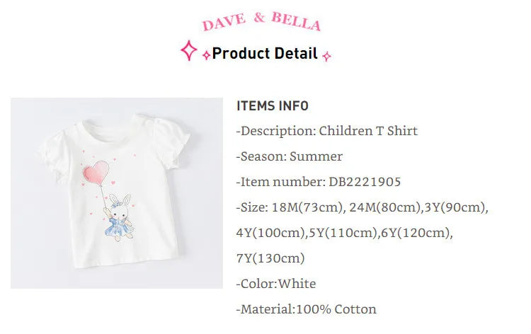 Dave Bella Baby Girl White T-shirts Cartoon Printed Girls Tees Children Tops Puff Sleeves Kids Clothes DB2221905
