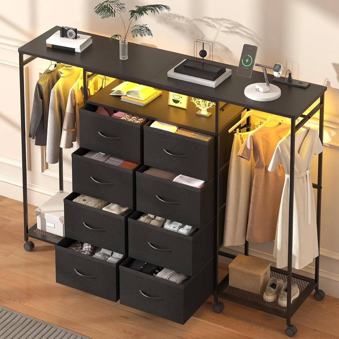 59.1" W Dresser for Bedroom with Hanging Rack, 8 Drawer Dresser with LED Lights & Charging Station, Fabric Dressers