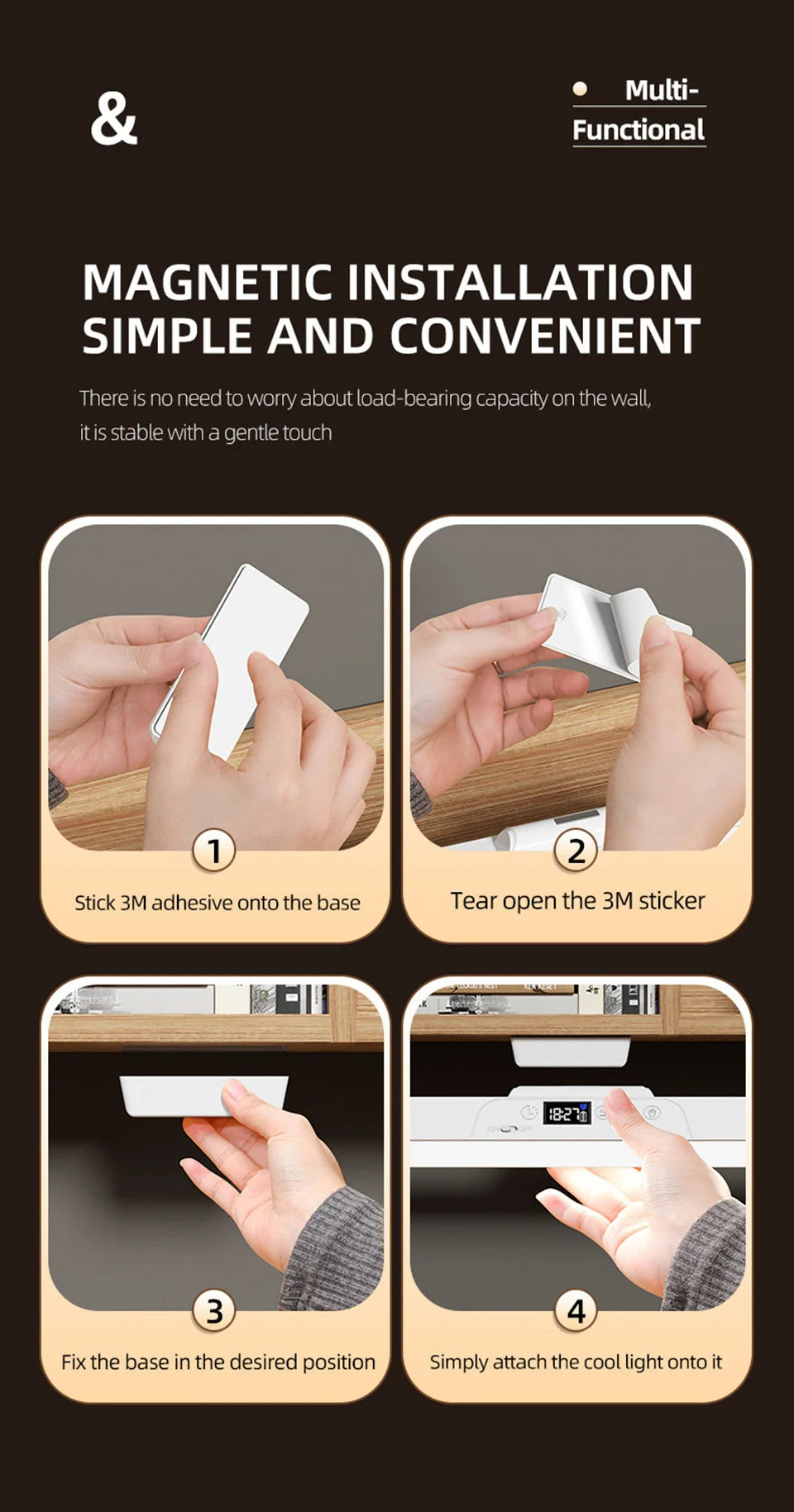 Eye-care Magnetic Desk Lamp USB Rechargeable LED Night Light Battery Status & Time Display Reading Light Table Lamp for Kitchen