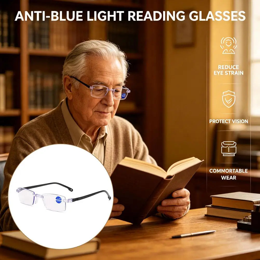 1 Pair New Men Women Rimless Reading Glasses Anti Blue Light Bifocal Far Near Magnification Eyewear Presbyopic Glasses +150 +200