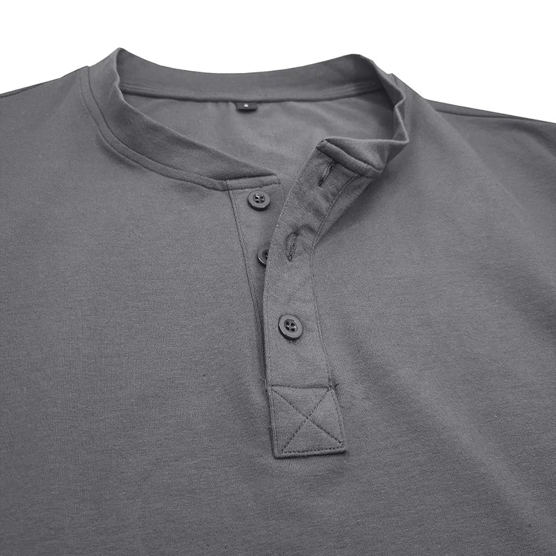 SHiONFA Spring Men's Long Sleeved T-shirt Casual Soft Cotton Base Shirt Placket Front Button Solid Color Pullover