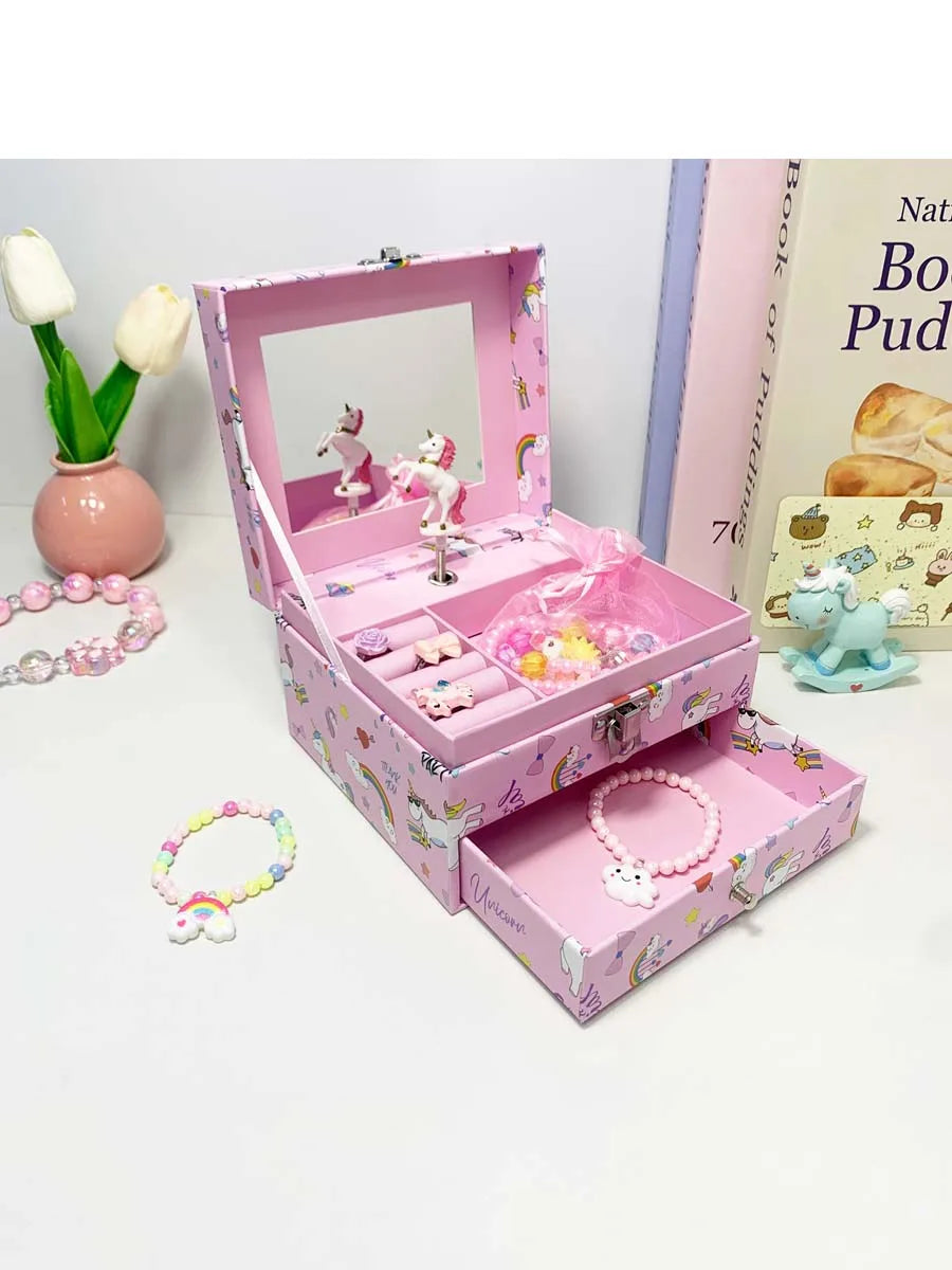 1pc Music Box with Drawer Mirror Rotating Ballet Dancer and pink pony Jewelry Storage for Ring Necklaces Bracelets Birthday Gift