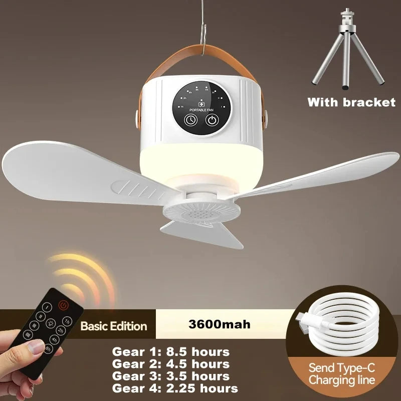 7200mAh Ceiling Fans Portable Camping Fan Tent Air Circulator Cooler Outdoor Rechargeable Electric Fan LED Light Remote Control