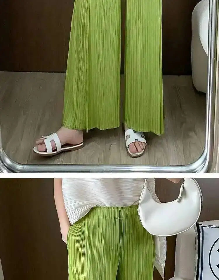 LANMREM patchwork design women's Pleated trousers elastic High Waisted Draped Straight Wide Leg Pants 2025 chic new 2DB3871