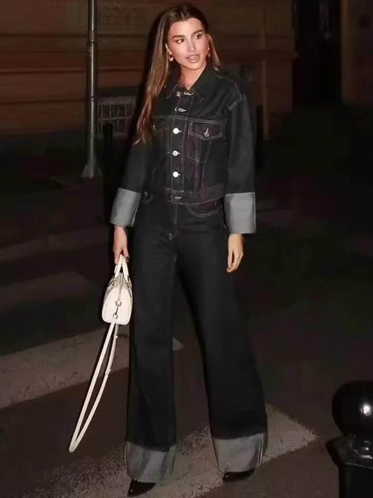 HH Women Fashion Denim Set Casual Lapel Long Sleeve Crop Jacket Buttons Female Vintage Wide Leg Loose Jeans Long Pants