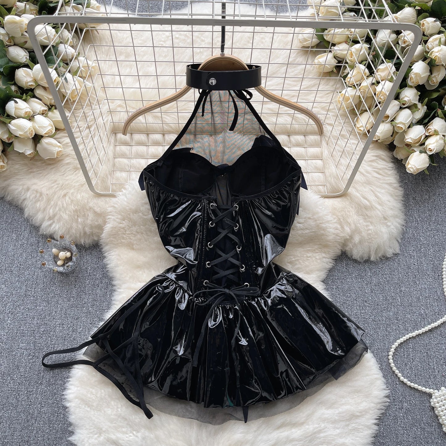 SINGREINY Women Pu Leather Sensual Dress Halter Lace Up A Line Sexy Nightdress+Thongs Sheer Backless Mini Porn Nightwear