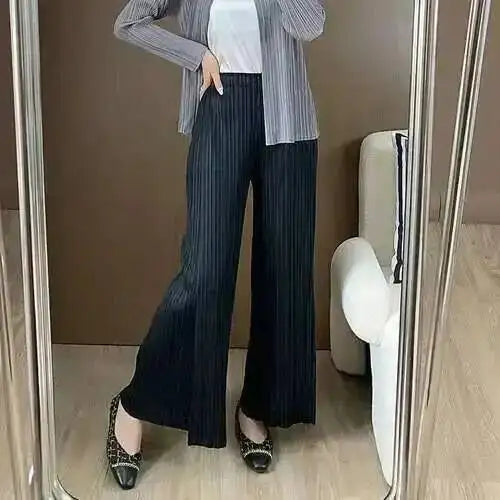 LANMREM patchwork design women's Pleated trousers elastic High Waisted Draped Straight Wide Leg Pants 2025 chic new 2DB3871