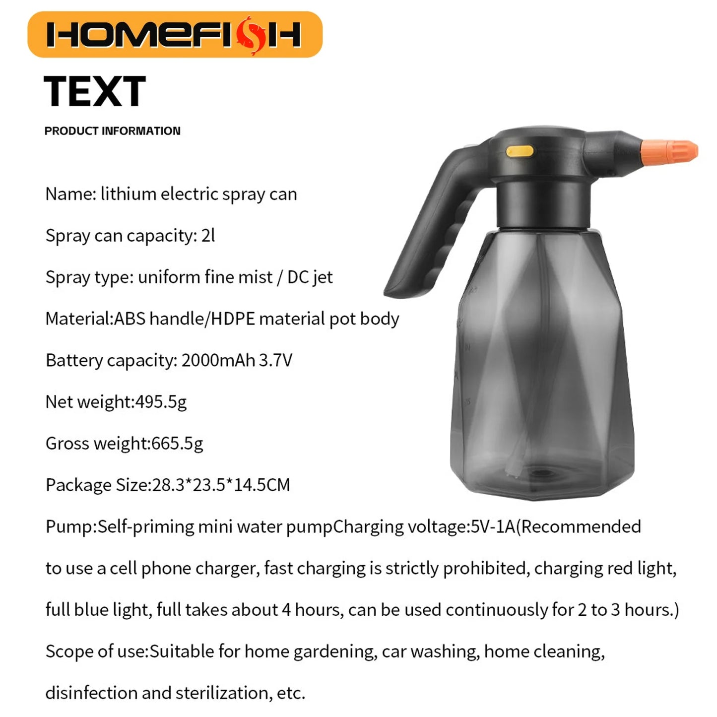 2L Rechargeable Electric Handheld Sprinkler Atomizing Watering Can Water Sprayer for Garden Plants
