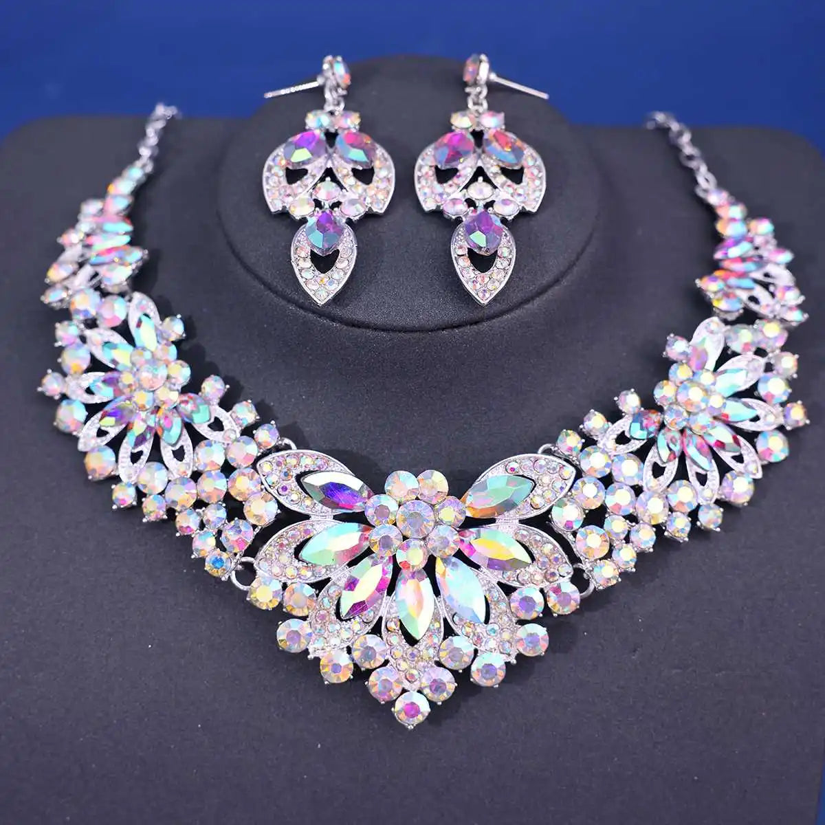 Advanced design retro necklace earring set leaf Multicolored flowers luxurious crystal jewelry bride's wedding dress accessories