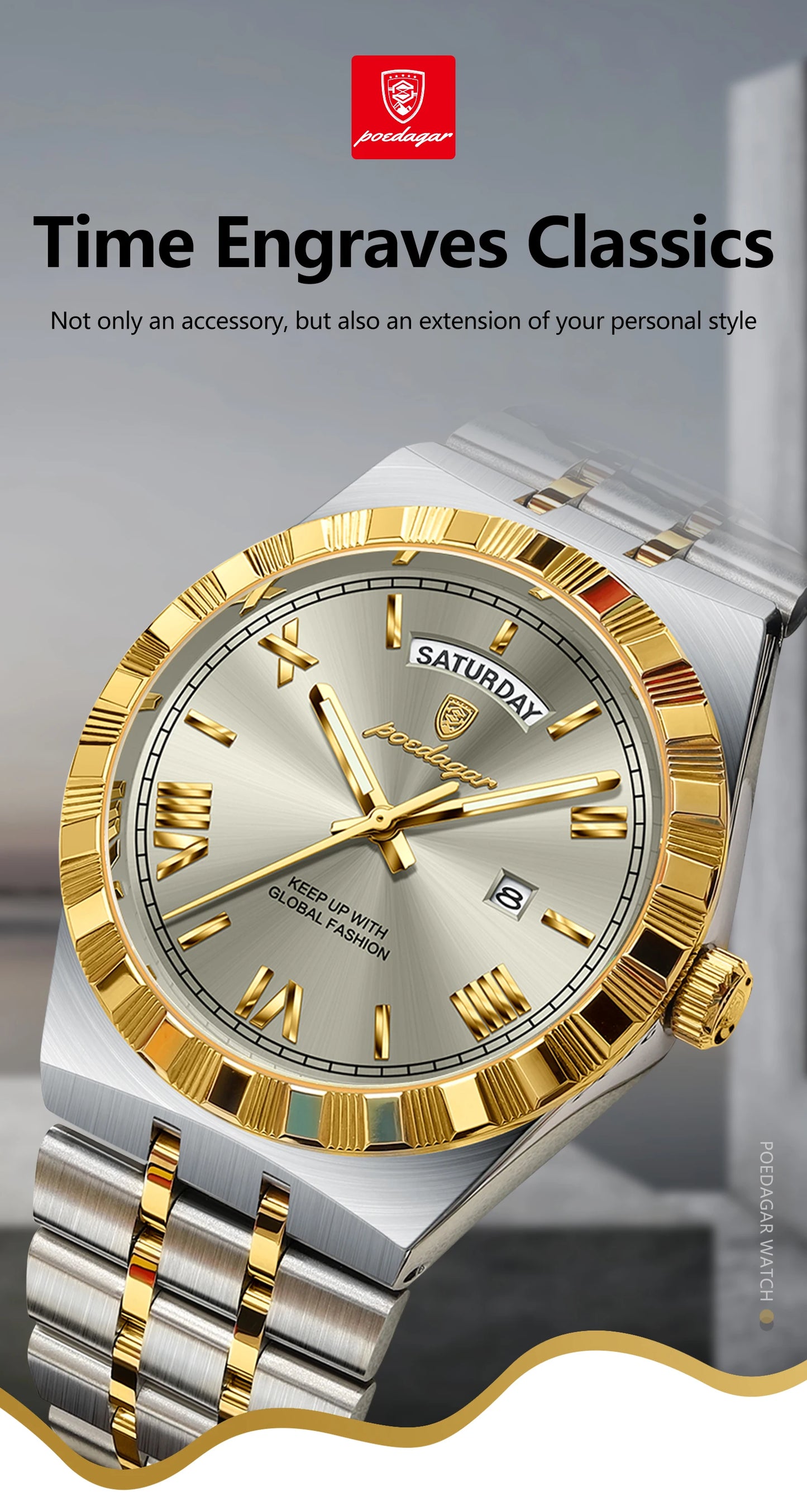 POEDAGAR Original Male Watch Luminous Waterproof Week Date Men Wristwatch Stainless Steel Business Quartz Men's Watches Gift+Box