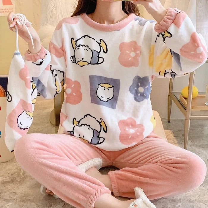 Winter Fleece Thick Women's Pajamas Set Cute Bear Plaid Long Sleeve Womens 2 Piece Outfit Set Printing Pijamas Set for Woman