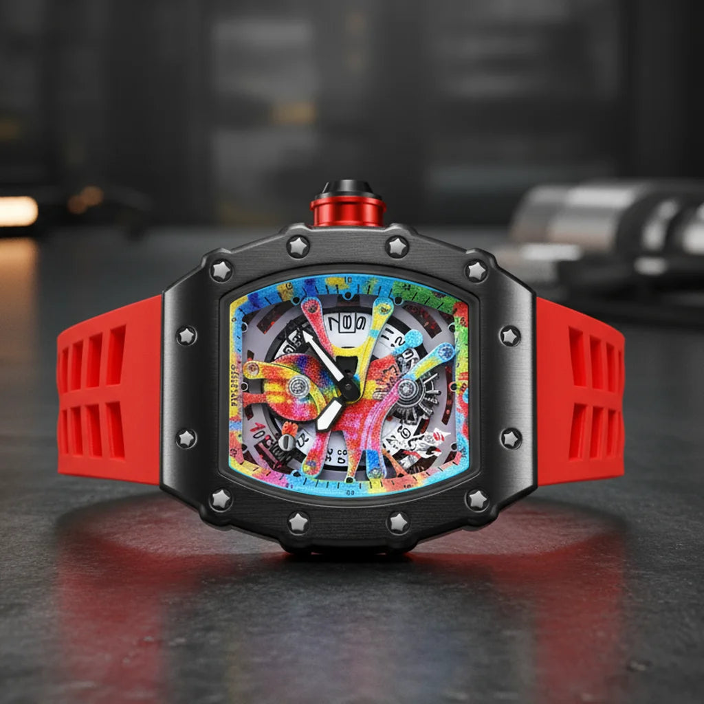 High-end Colored Hip Hop Dial  PINTIME Watch for Men Silicone Strap Stainless Steel Case Fashion Waterproof Quartz Wristwatch