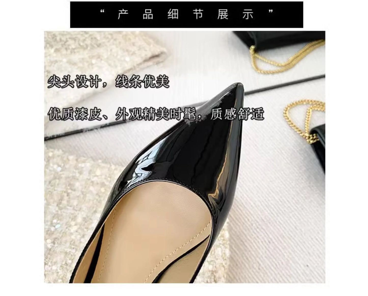 Ladies' pointed, internally raised flat sole single shoe, patent leather solid color versatile casual shallow mouth single shoe