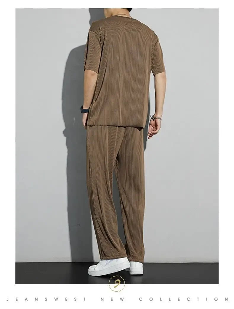 Men's Wrinkled Ice Silk Sports Set 2026 Summer New Short sleeved Long Pants Two piece Set Fashionable Breathable and Cool