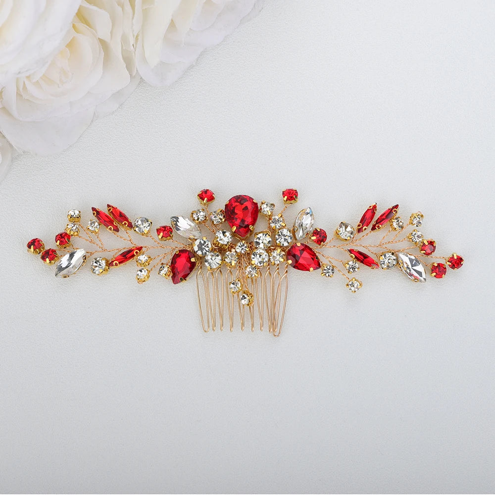 Crystal Flower Bride Hair Accessories Red Wedding Head Jewelry Blue Rhinestone Headdresses Women Hair Comb 9 Colors Headpieces