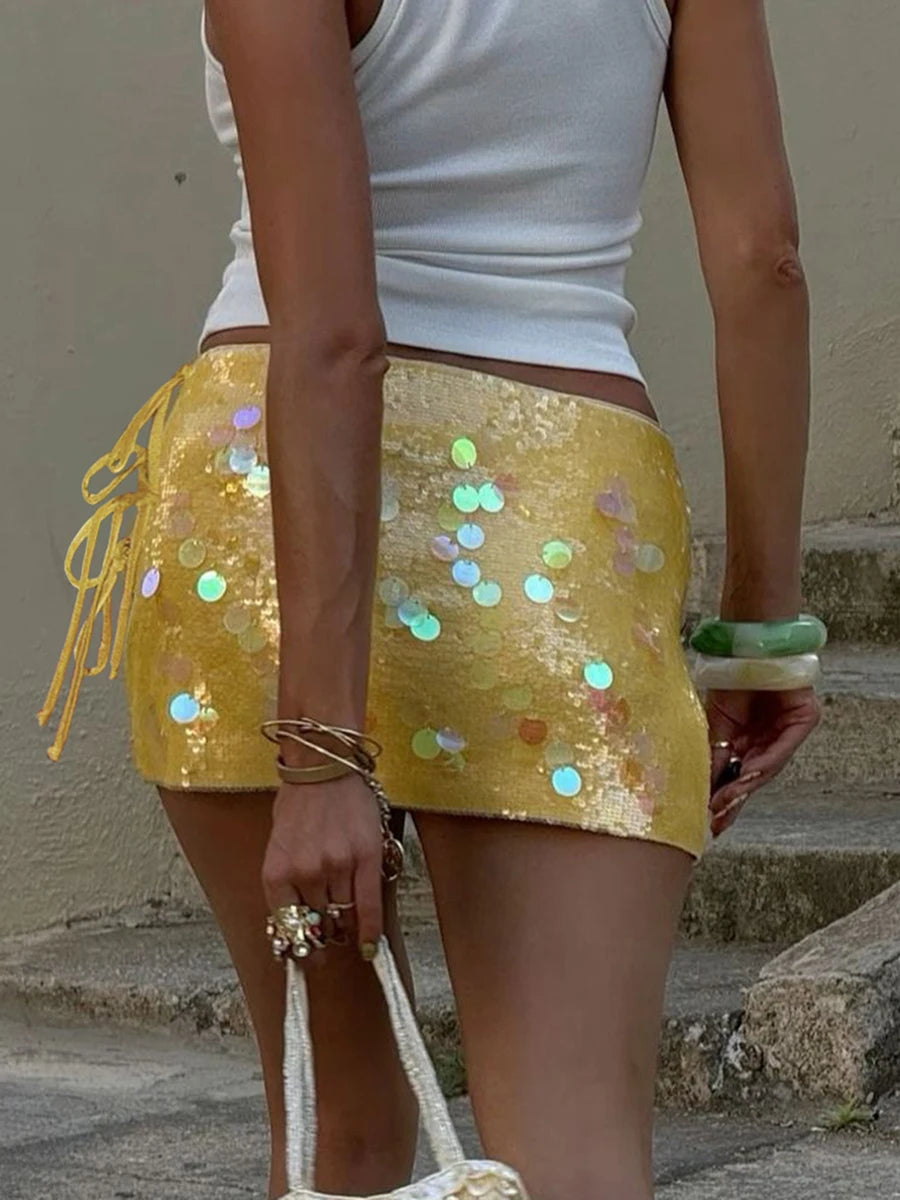 2025 New Fashion Women's Summer Mini Sequins Skirts Side Split Tie Up Skirt for Daily, Travel, Parties