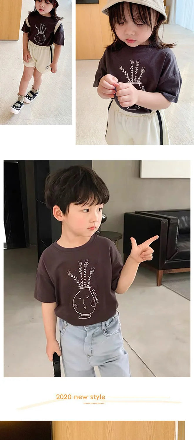 Baby Girls Boys Short Sleeved T-shirt Kids Cotton Top Tees Toddler Cartoon Print Shirts Summer Children's Clothing Korean Style